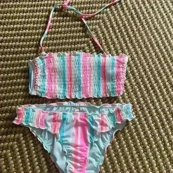 Ardene Ruched Strappy Bikini top and bottom multicolour White Blue Pink size S - Picture 4 of 8